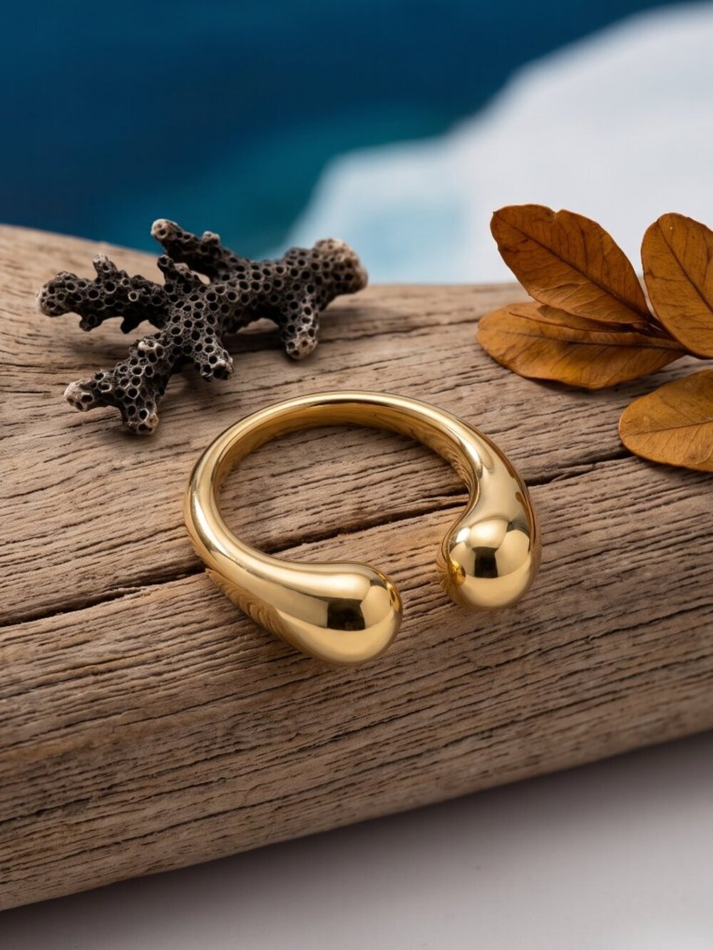Chunky Gold Dome Ring Teardrop Ball Ends 18K Gold Plated 304 Stainless 5.5-9